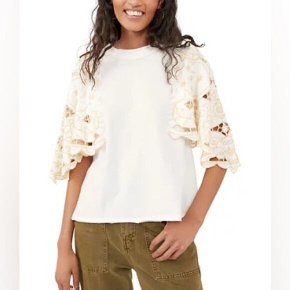 NWT Free People Lace Flare Sleeve Top White Embroidered Trimmed Sleeves S $148 - Picture 1 of 6